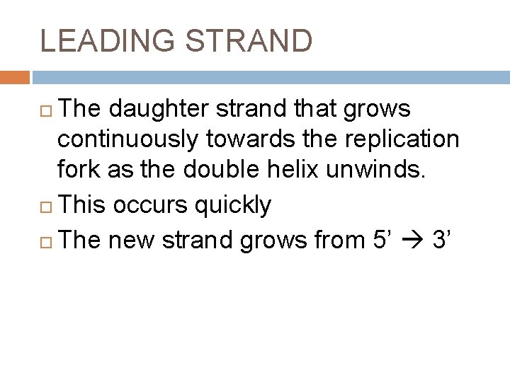 LEADING STRAND The daughter strand that grows continuously towards the replication fork as the
