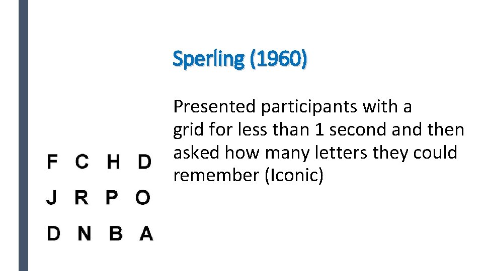 Sperling (1960) Presented participants with a grid for less than 1 second and then