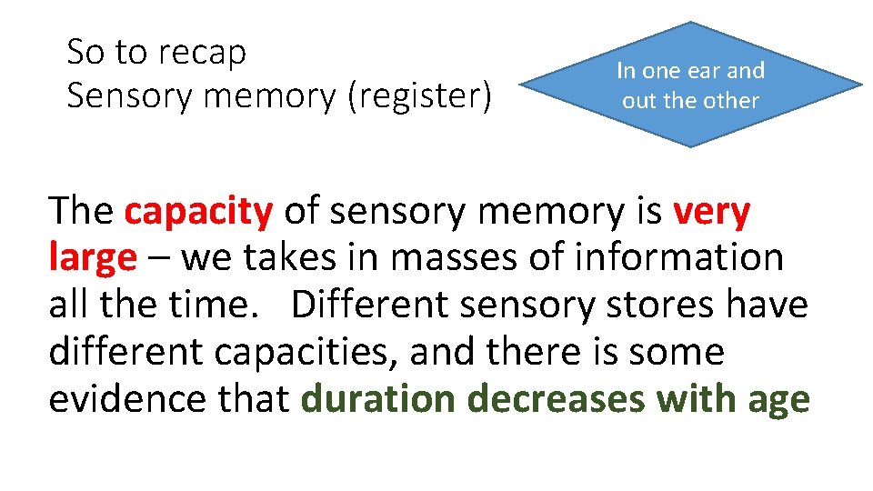 So to recap Sensory memory (register) In one ear and out the other The