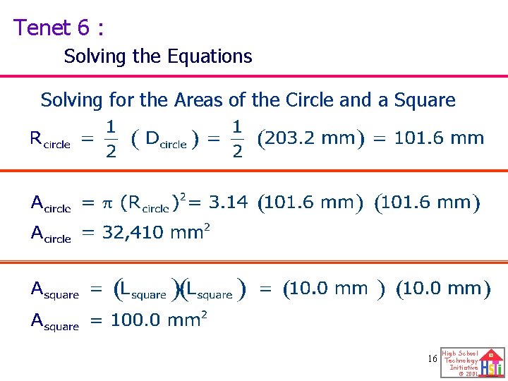 Tenet 6 : Solving the Equations Solving for the Areas of the Circle and