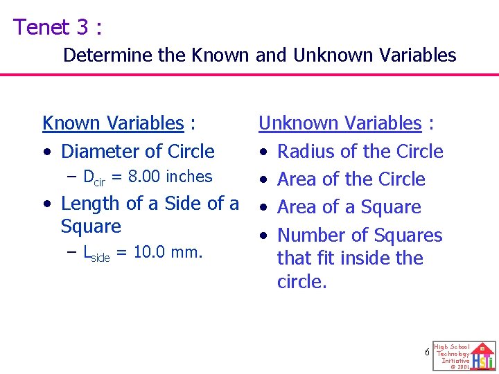 Tenet 3 : Determine the Known and Unknown Variables Known Variables : • Diameter