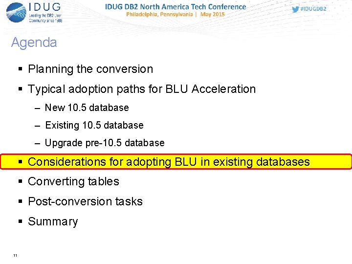 Agenda Planning the conversion Typical adoption paths for BLU Acceleration – New 10. 5