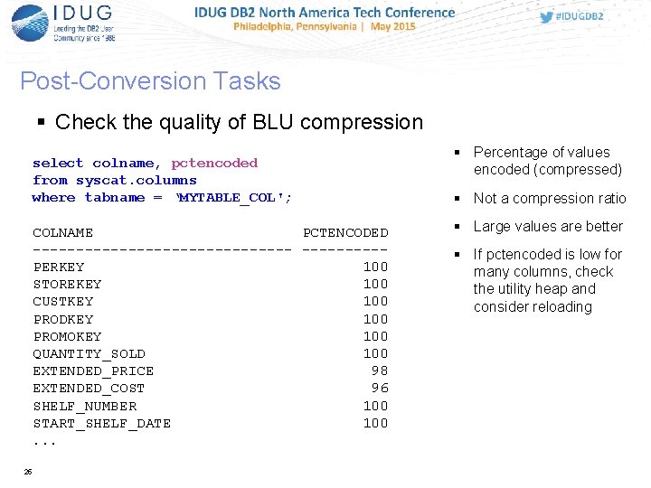 Post-Conversion Tasks Check the quality of BLU compression select colname, pctencoded from syscat. columns