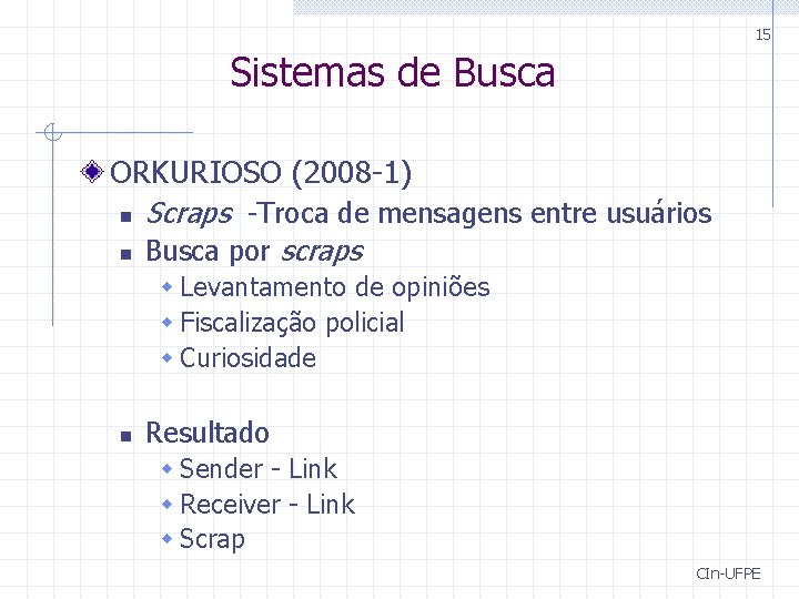 15 Sistemas de Busca ORKURIOSO (2008 -1) n Scraps -Troca de mensagens entre usuários