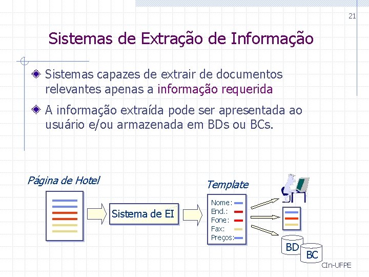 21 Sistemas de Extração de Informação Sistemas capazes de extrair de documentos relevantes apenas