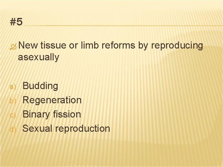 #5 New tissue or limb reforms by reproducing asexually a) b) c) d) Budding