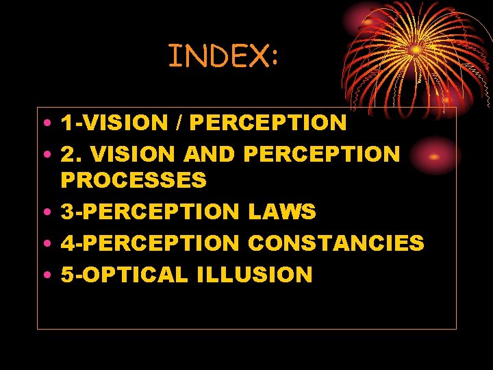 INDEX: • 1 -VISION / PERCEPTION • 2. VISION AND PERCEPTION PROCESSES • 3