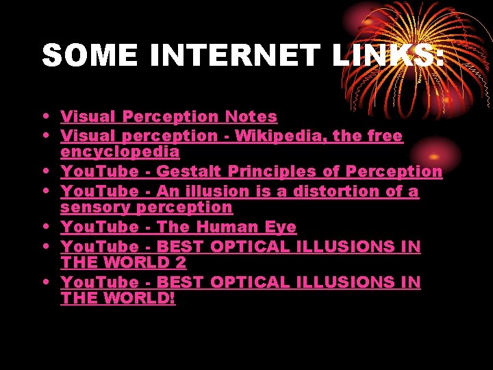 SOME INTERNET LINKS: • Visual Perception Notes • Visual perception - Wikipedia, the free