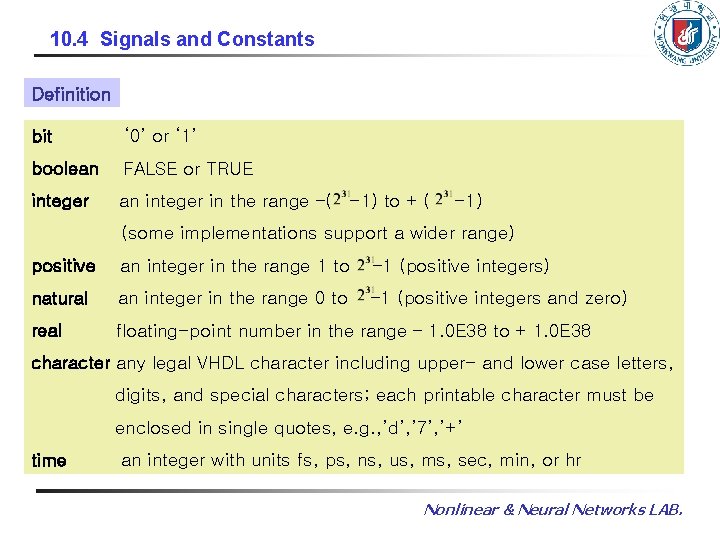 10. 4 Signals and Constants Definition bit ‘ 0’ or ‘ 1’ boolean FALSE 10. 4 Signals and Constants Definition bit ‘ 0’ or ‘ 1’ boolean FALSE