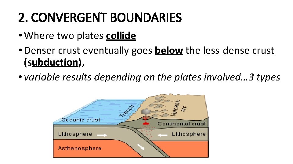 2. CONVERGENT BOUNDARIES • Where two plates collide • Denser crust eventually goes below