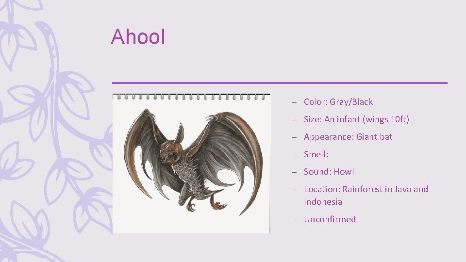 Ahool – Color: Gray/Black – Size: An infant (wings 10 ft) – Appearance: Giant