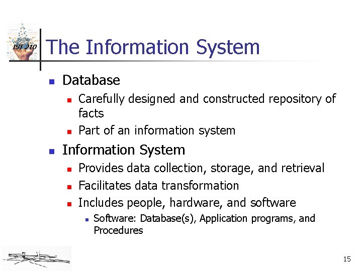 IST 210 The Information System n Database n n n Carefully designed and constructed