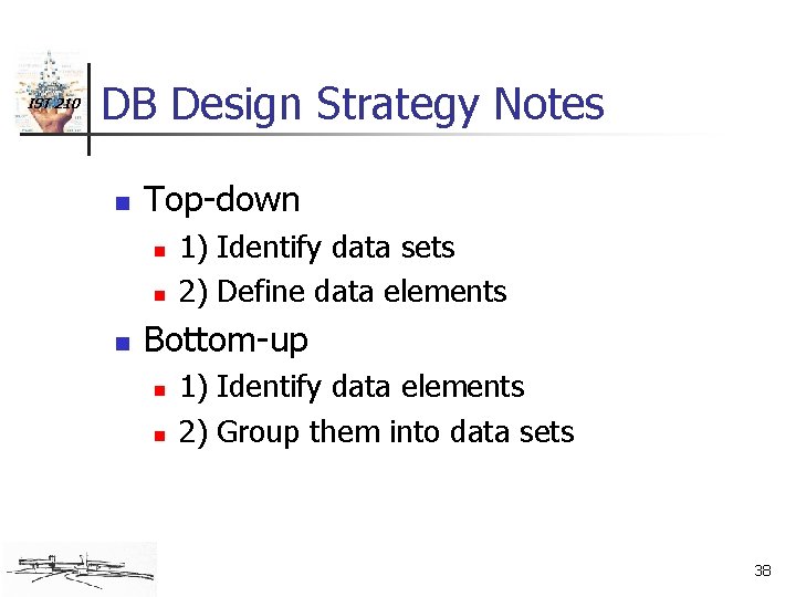 IST 210 DB Design Strategy Notes n Top-down n 1) Identify data sets 2)