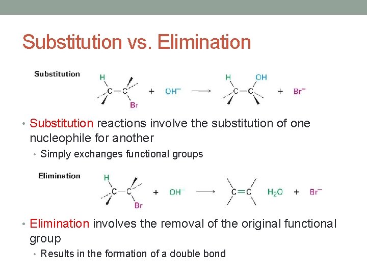 Substitution vs. Elimination • Substitution reactions involve the substitution of one nucleophile for another Substitution vs. Elimination • Substitution reactions involve the substitution of one nucleophile for another