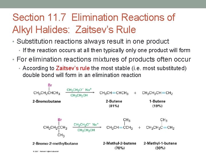 Section 11. 7 Elimination Reactions of Alkyl Halides: Zaitsev’s Rule • Substitution reactions always Section 11. 7 Elimination Reactions of Alkyl Halides: Zaitsev’s Rule • Substitution reactions always