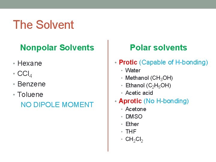 The Solvent Nonpolar Solvents • Hexane • CCl 4 • Benzene • Toluene NO The Solvent Nonpolar Solvents • Hexane • CCl 4 • Benzene • Toluene NO