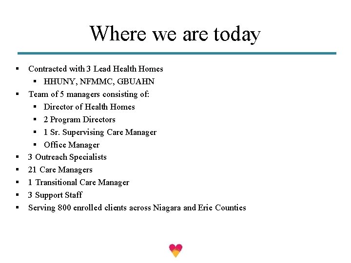 Where we are today § § § § Contracted with 3 Lead Health Homes