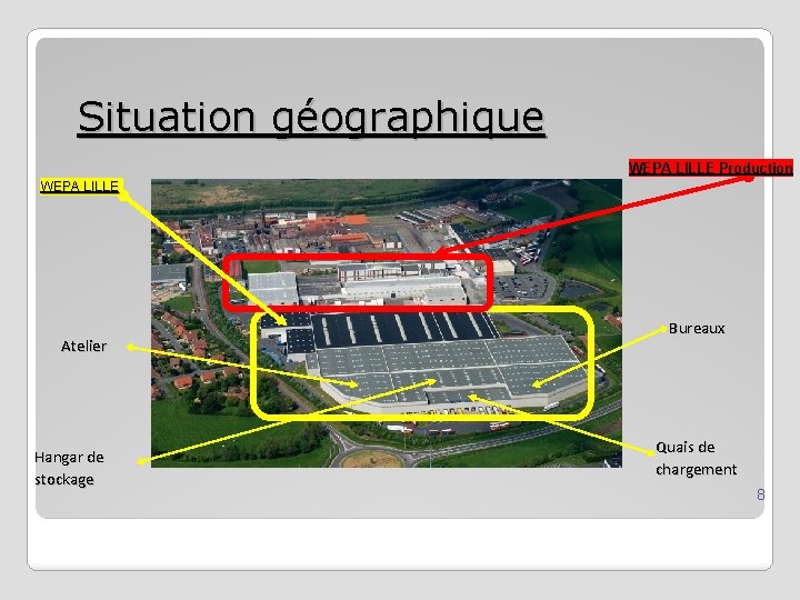 Situation géographique WEPA LILLE Production WEPA LILLE Atelier Hangar de stockage Bureaux Quais de