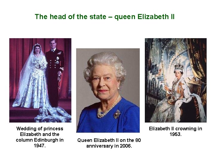 The head of the state – queen Elizabeth II Wedding of princess Elizabeth and