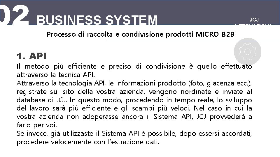 02 BUSINESS SYSTEM JCJ INTERNATIONAL Processo di raccolta e condivisione prodotti MICRO B 2