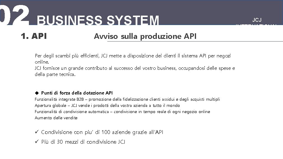 02 BUSINESS SYSTEM 1. API Avviso sulla produzione API Per degli scambi più efficienti,