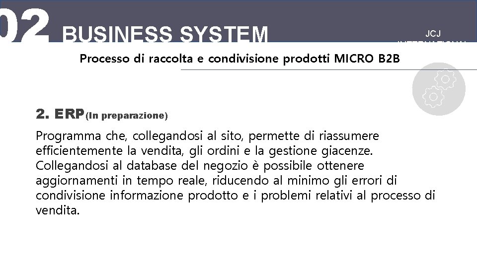 02 BUSINESS SYSTEM JCJ INTERNATIONAL Processo di raccolta e condivisione prodotti MICRO B 2