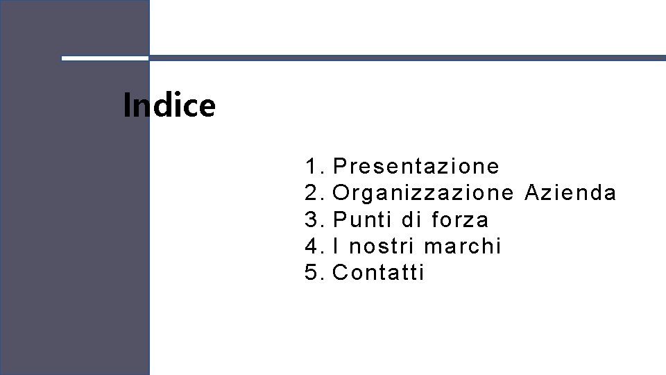 Indice 1. 2. 3. 4. 5. Presentazione Organizzazione Azienda Punti di forza I nostri