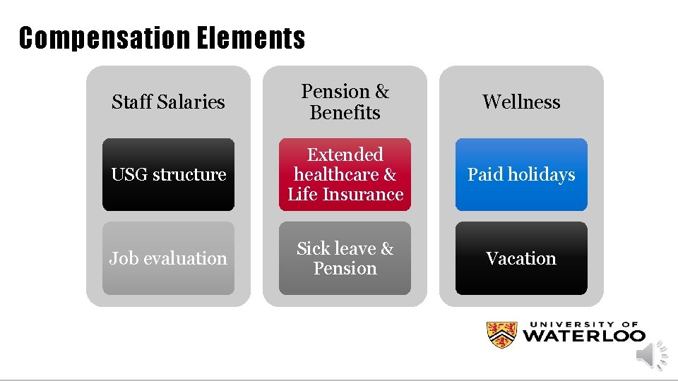 Compensation Elements Staff Salaries Pension & Benefits Wellness USG structure Extended healthcare & Life