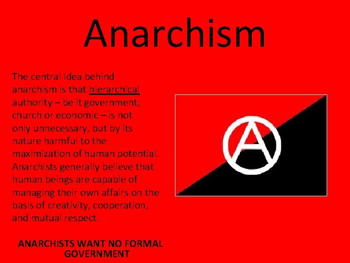 Anarchism The central idea behind anarchism is that hierarchical authority – be it government, Anarchism The central idea behind anarchism is that hierarchical authority – be it government,