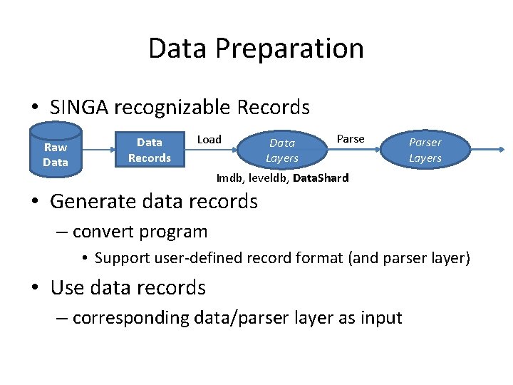 Data Preparation • SINGA recognizable Records Raw Data Records Load Data Layers Parser Layers