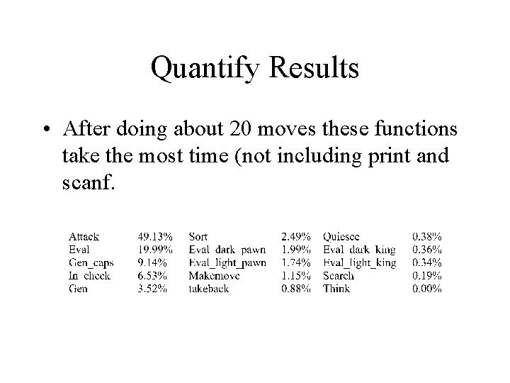 Quantify Results • After doing about 20 moves these functions take the most time