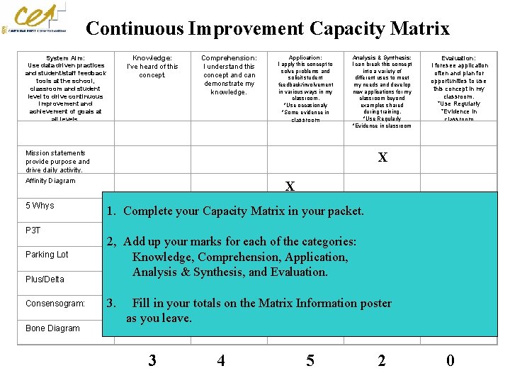 Continuous Improvement Capacity Matrix System Aim: Use data driven practices and student/staff feedback tools
