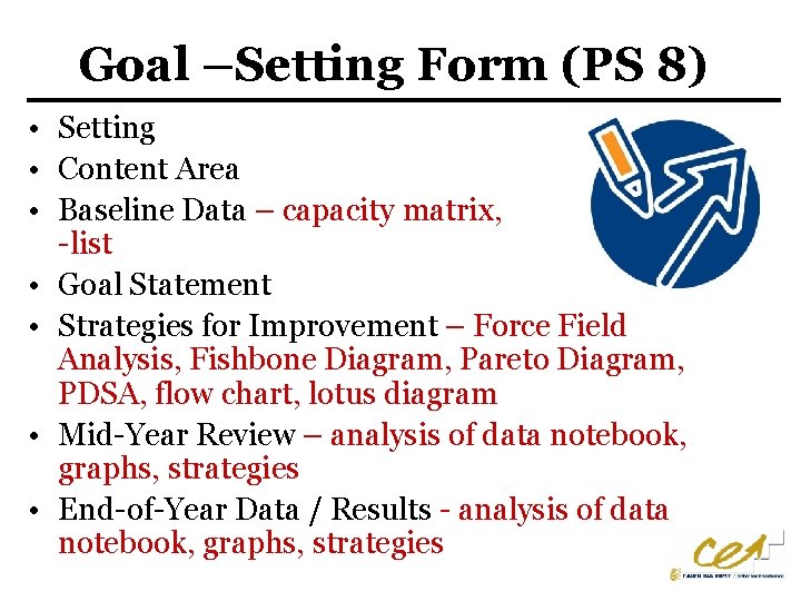 Goal –Setting Form (PS 8) • Setting • Content Area • Baseline Data –