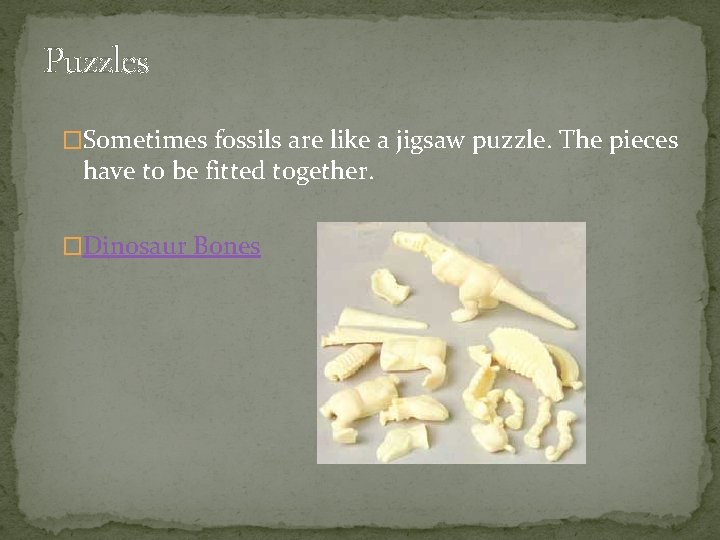 Puzzles �Sometimes fossils are like a jigsaw puzzle. The pieces have to be fitted