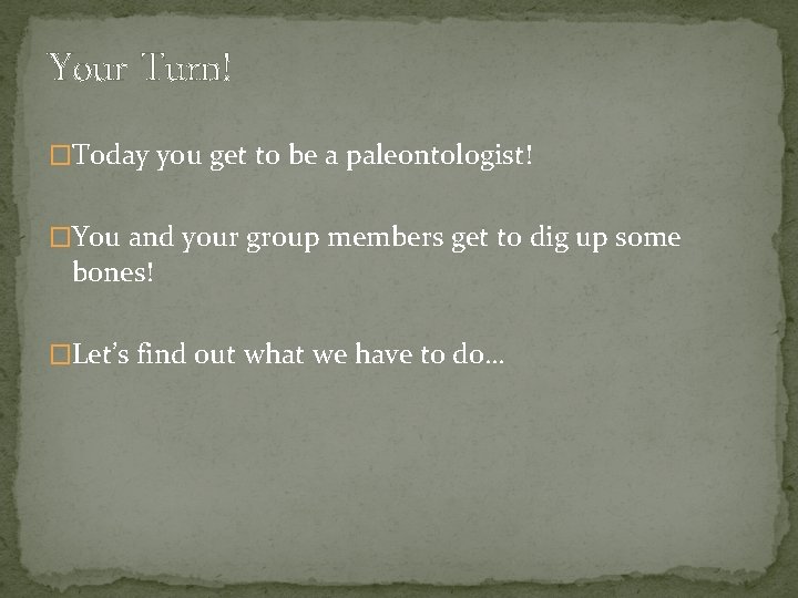 Your Turn! �Today you get to be a paleontologist! �You and your group members