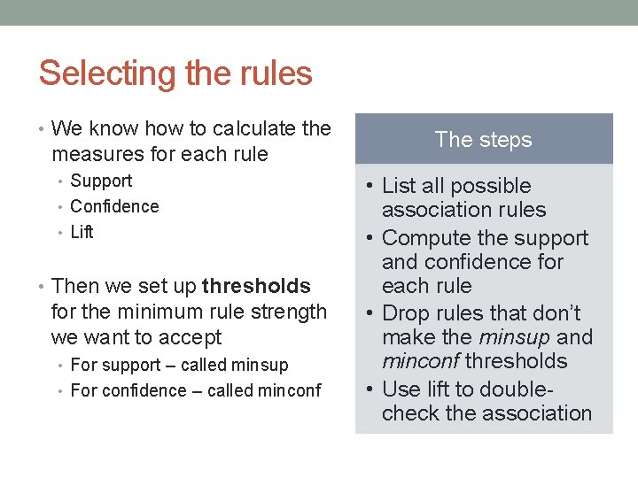 Selecting the rules • We know how to calculate the measures for each rule