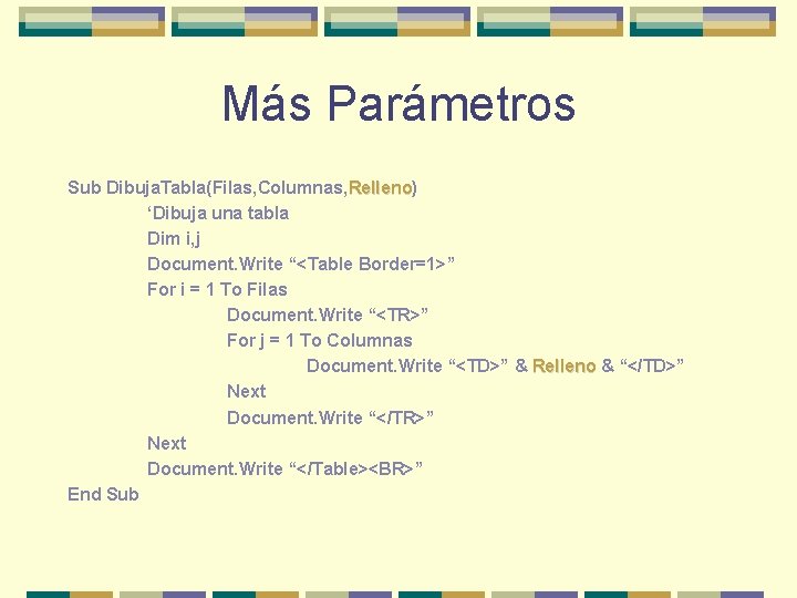 Más Parámetros Sub Dibuja. Tabla(Filas, Columnas, Relleno) Relleno ‘Dibuja una tabla Dim i, j