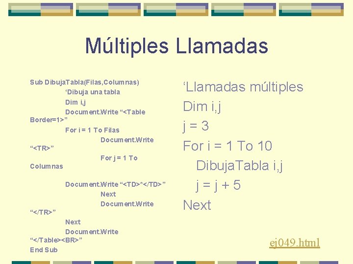 Múltiples Llamadas Sub Dibuja. Tabla(Filas, Columnas) ‘Dibuja una tabla Dim i, j Document. Write