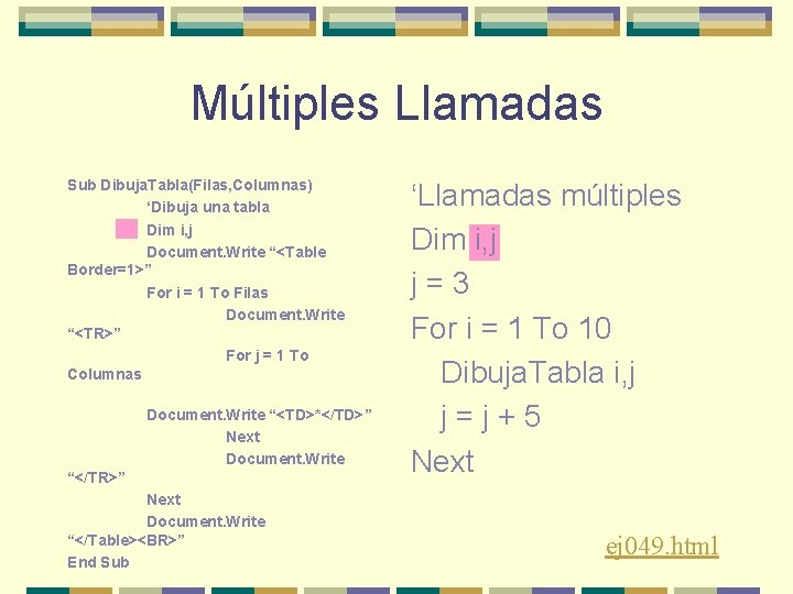 Múltiples Llamadas Sub Dibuja. Tabla(Filas, Columnas) ‘Dibuja una tabla Dim i, j Document. Write