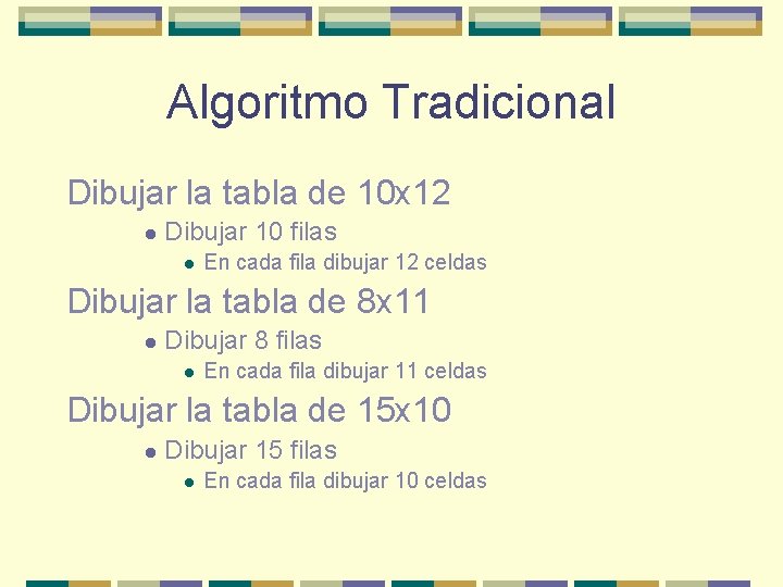 Algoritmo Tradicional Dibujar la tabla de 10 x 12 l Dibujar 10 filas l