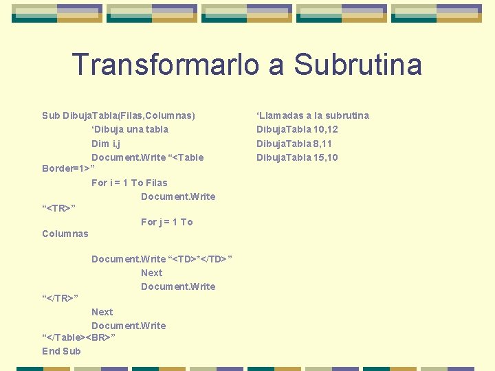 Transformarlo a Subrutina Sub Dibuja. Tabla(Filas, Columnas) ‘Dibuja una tabla Dim i, j Document.