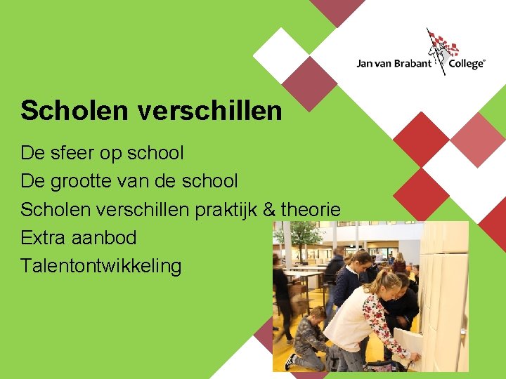 Scholen verschillen De sfeer op school De grootte van de school Scholen verschillen praktijk