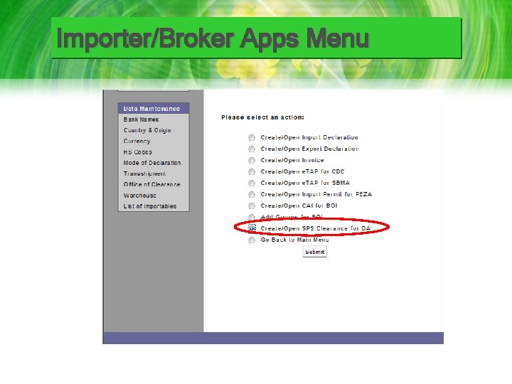 Importer/Broker Apps Menu 