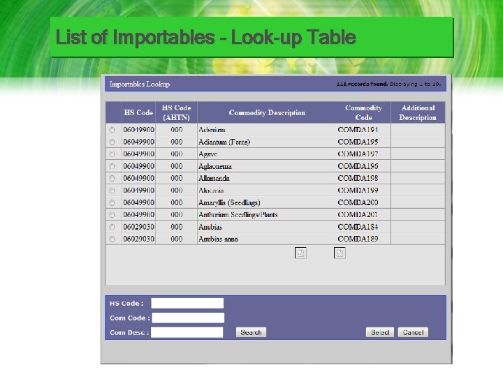 List of Importables – Look-up Table 