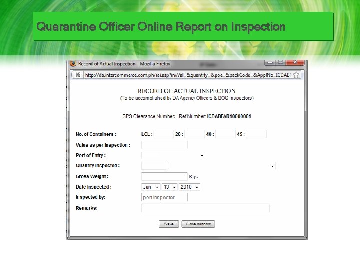 Quarantine Officer Online Report on Inspection MICP 