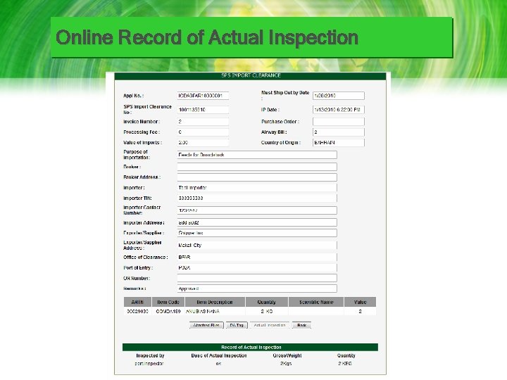 Online Record of Actual Inspection 