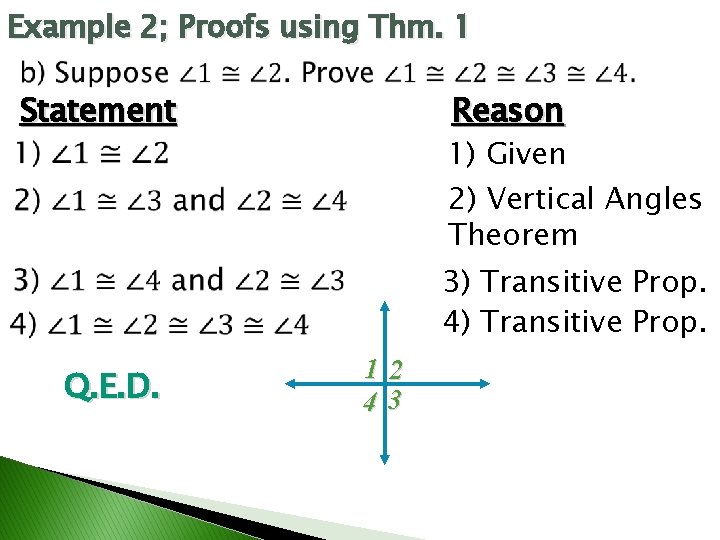 Example 2; Proofs using Thm. 1 Statement Reason 1) Given 2) Vertical Angles Theorem