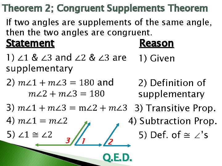 Theorem 2; Congruent Supplements Theorem If two angles are supplements of the same angle,