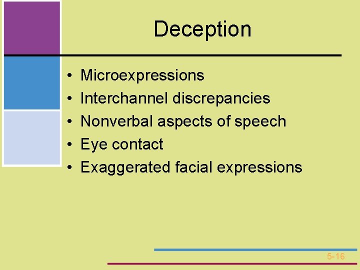 Deception • • • Microexpressions Interchannel discrepancies Nonverbal aspects of speech Eye contact Exaggerated