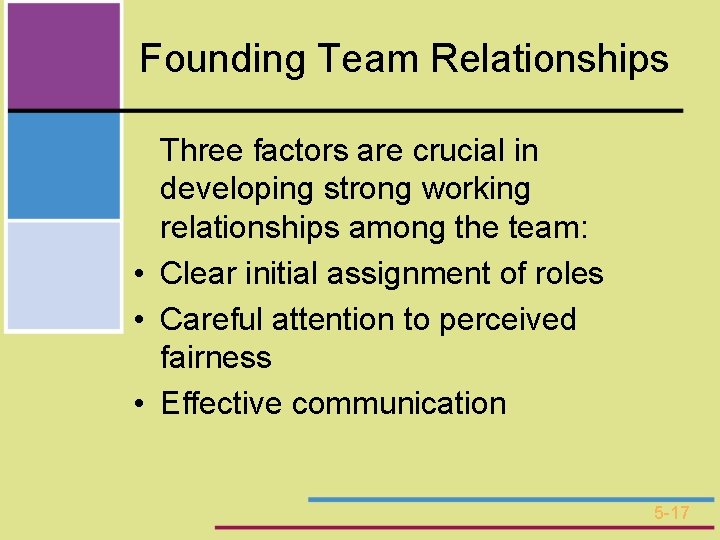 Founding Team Relationships Three factors are crucial in developing strong working relationships among the